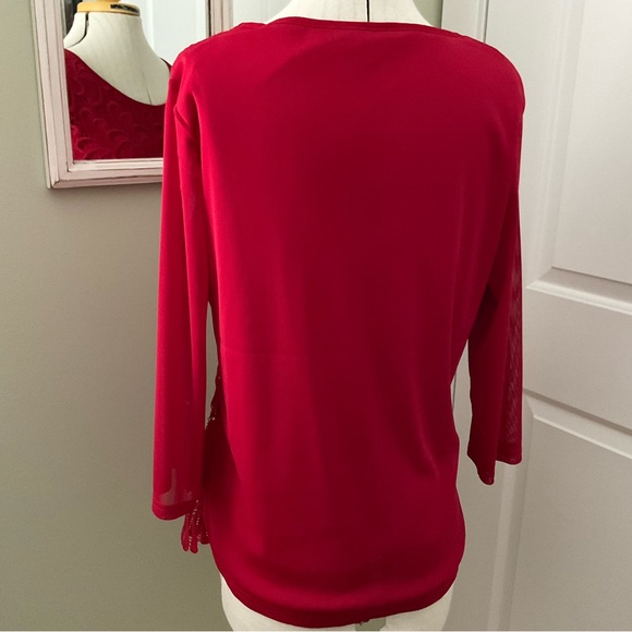 LAVENA FASHION, RED LACE BLOUSE WITH SCALLOP FRIDGE HEM, SIZE: L - Picture 4 of 12
